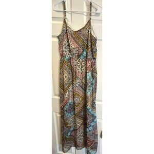 Eyeshadow Women Sz L Boho Babydoll Print Lined Long Maxi Dress Multicolor Summer